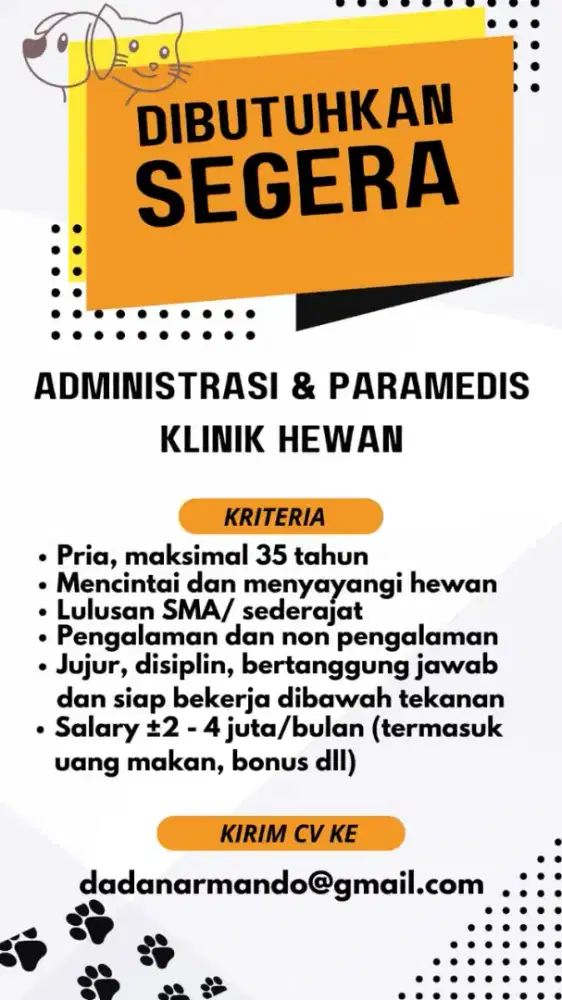 Dicari Administrasi dan Paramedis Klinik Hewan
