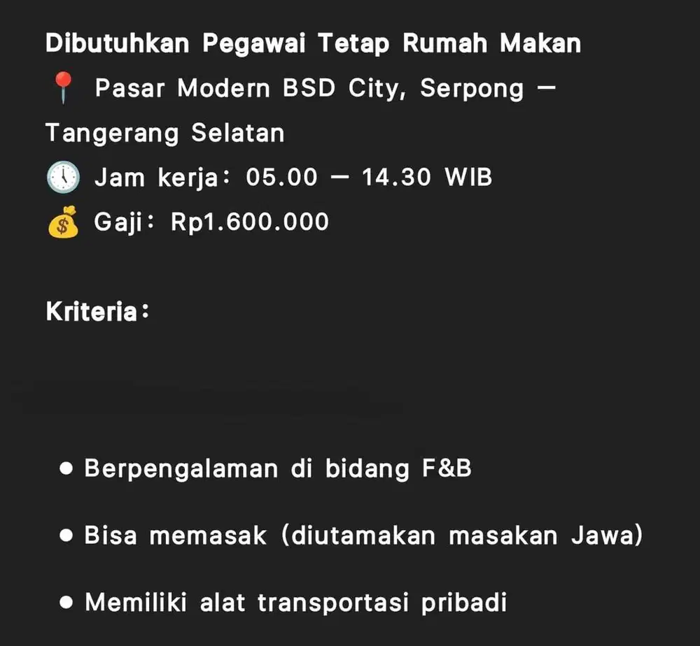 Karyawan tetap untuk Rumah Makan Indonesia