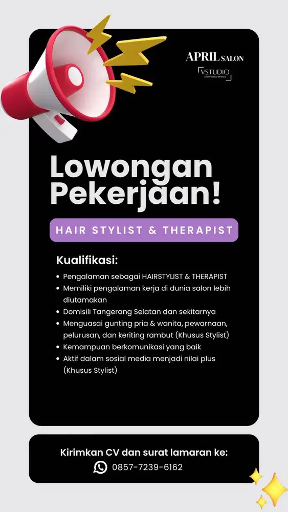 LOWONGAN PEKERJAAN HAIRSTYLIST & THERAPIST