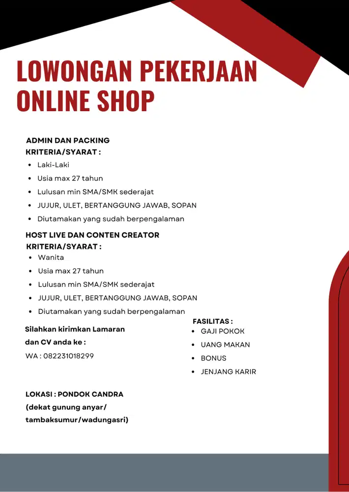 DIBUKA LOWONGAN KERJA ONLINE SHOP