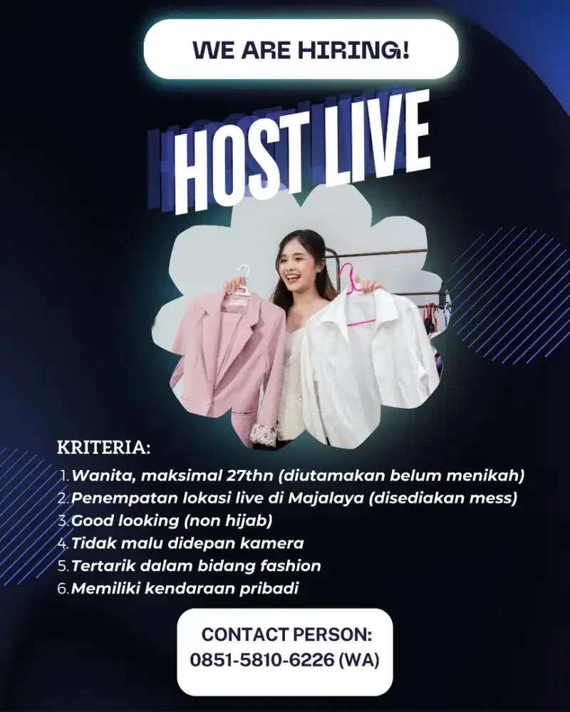 Dicari Admin untuk Live Shopping Pakaian Wanita & Disediakan Mess