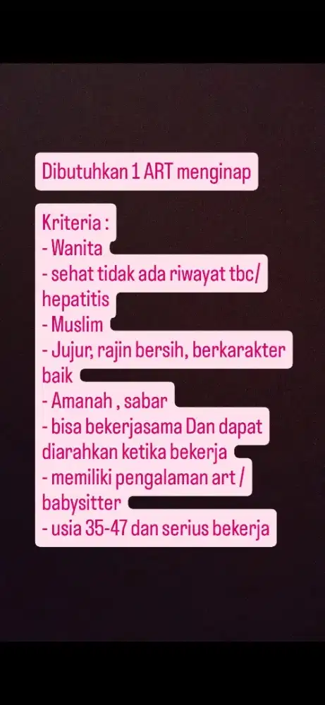 Dicari ART nginap