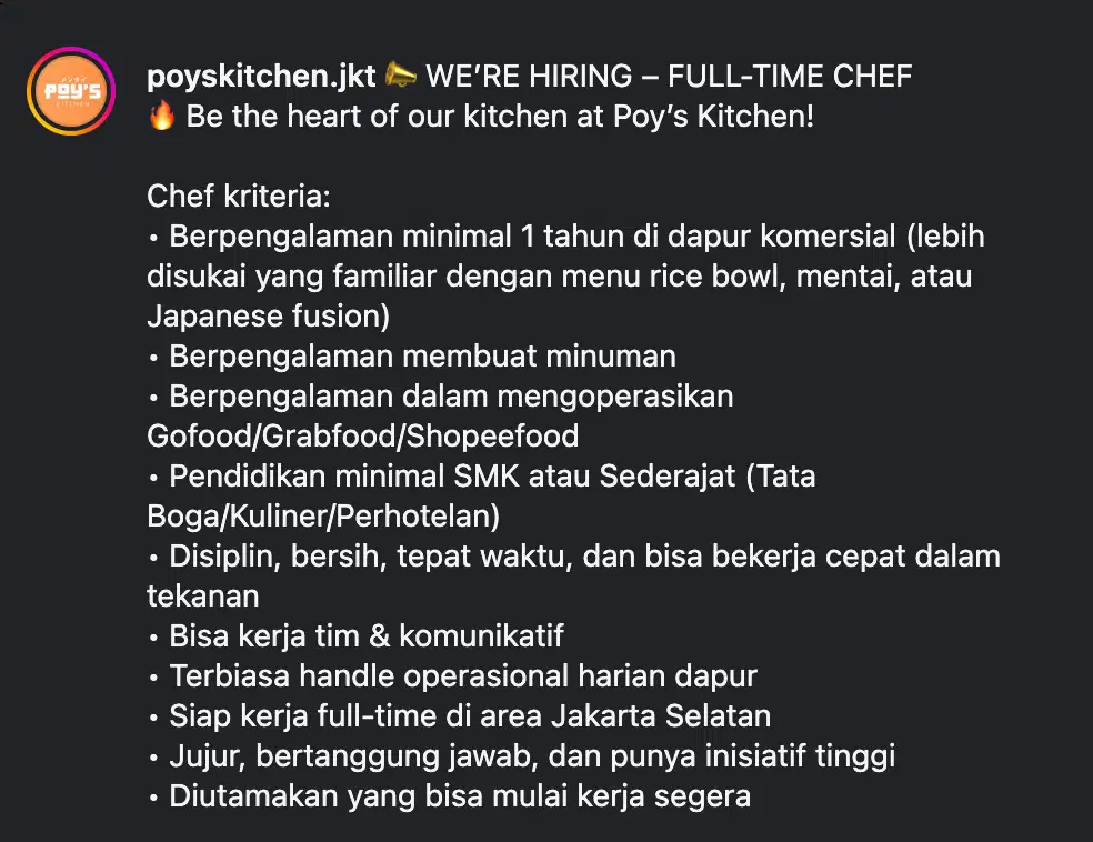 DIBUTUHKAN SEGERA! Chef/Cook Full Time