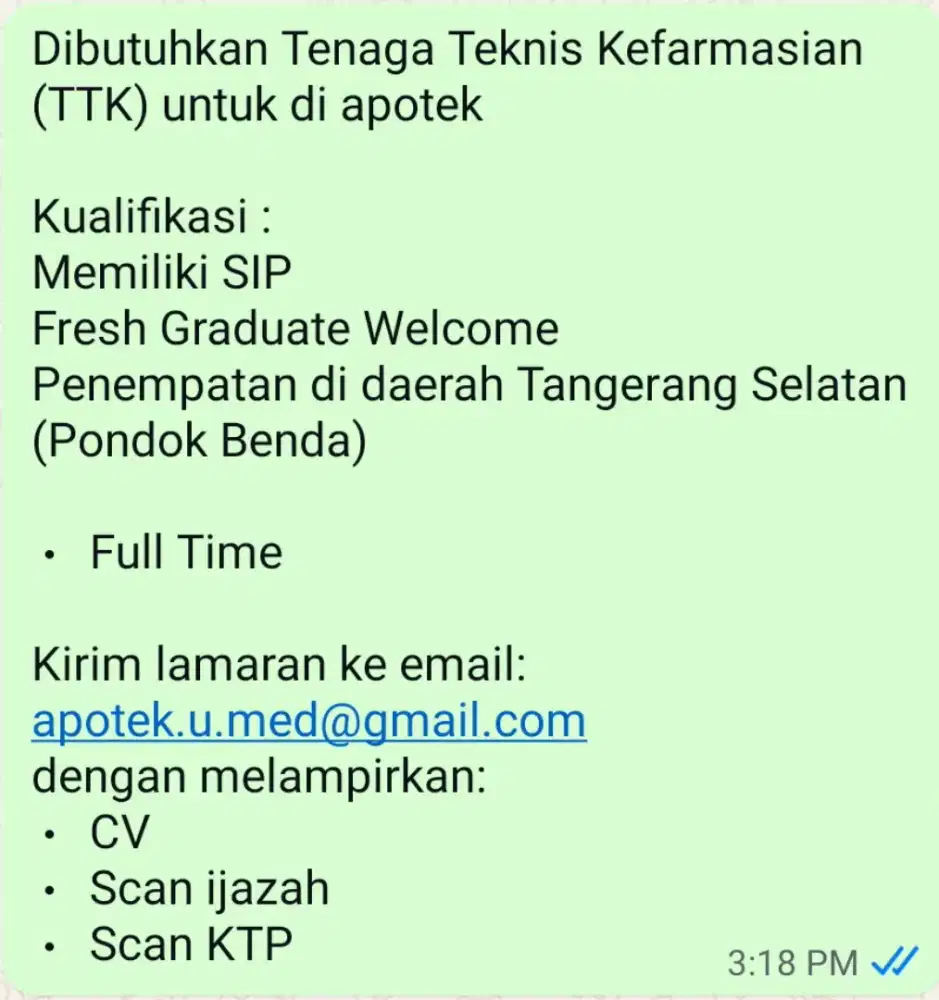 Dibutuhkan Tenaga Teknis Kefarmasian (TTK) untuk di apotek