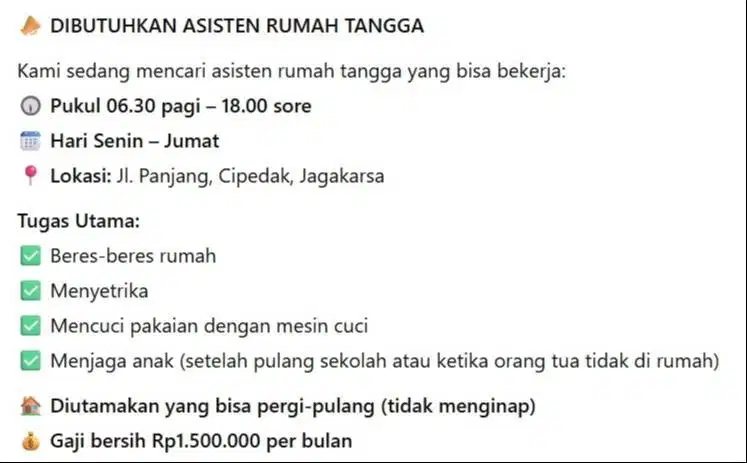 DIBUTUHKAN ASISTEN RUMAH TANGGA JAGAKARSA