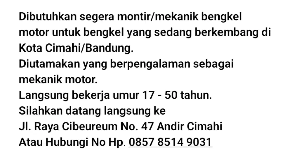 Lowongan Montir/Mekanik Bandung/Cimahi