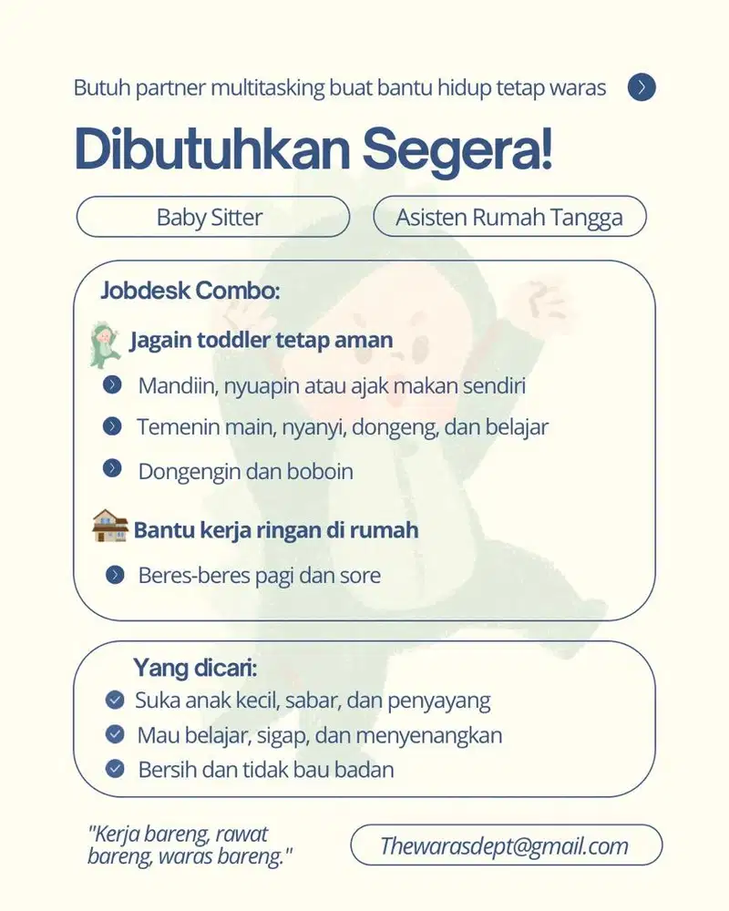 LOWONGAN KERJA ASISTEN RUMAH TANGGA PULANG - PERGI (PP)
