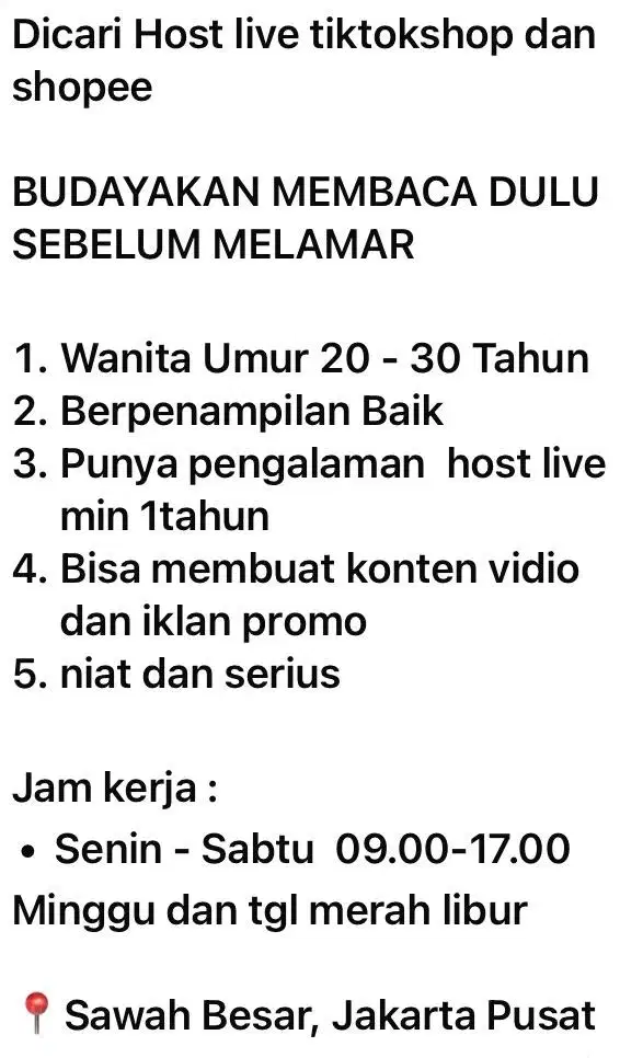 DIBUTUHKAN SEGERA HOST LIVE TIKTOK SHOP & shopee