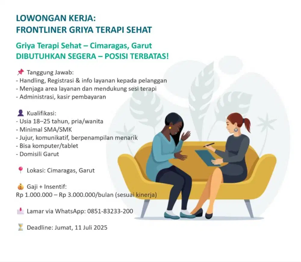 DIBUTUHKAN SEGERA FRONTLINER TERAPI