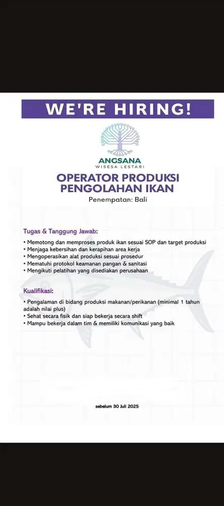 Dicari Operator Produksi Pengolahan Ikan