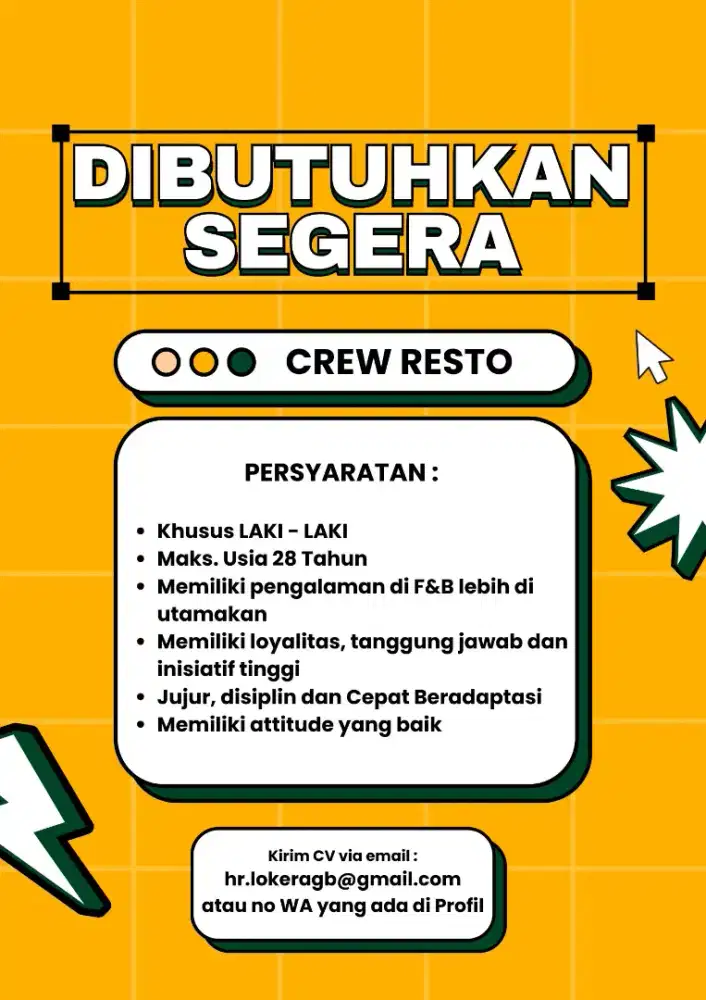 Dibutuhkan Segera : CREW RESTO & TUKANG