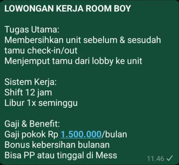 Lowongan kerja housekeeping apartemen