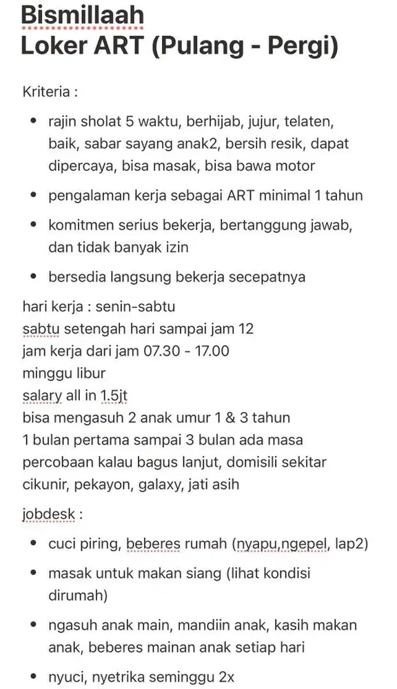 Loker ART (Pulang Pergi)