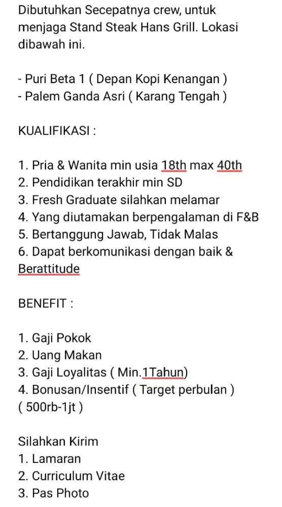 Dicari Siap bekerja secepatnya
