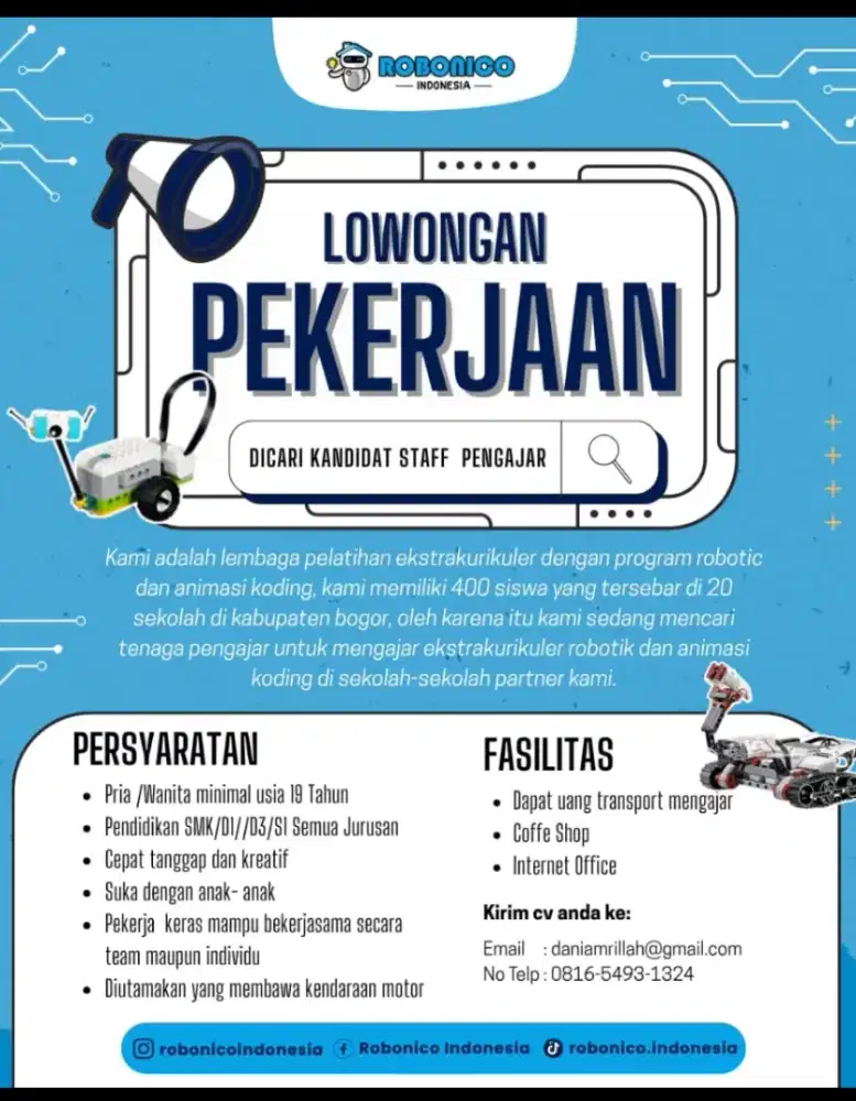 Di cari tenaga pengajar Robotic dan Coding