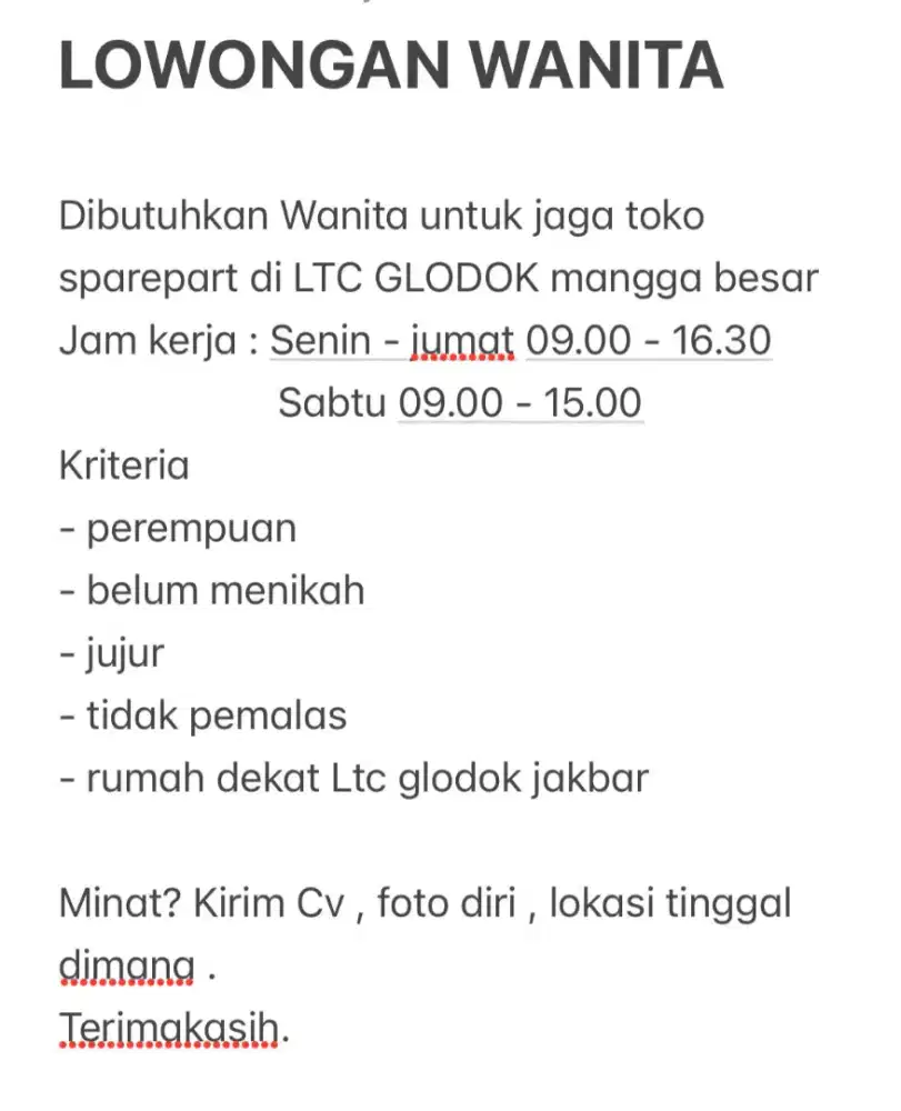 Lowongan wanita jaga toko Ltc glodok