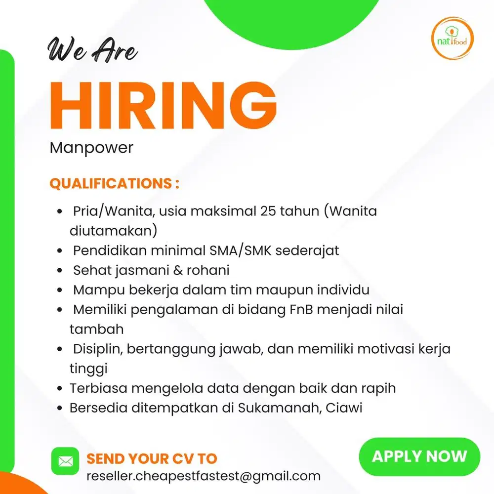 Lowongan kerja Manpower Urgently Needed