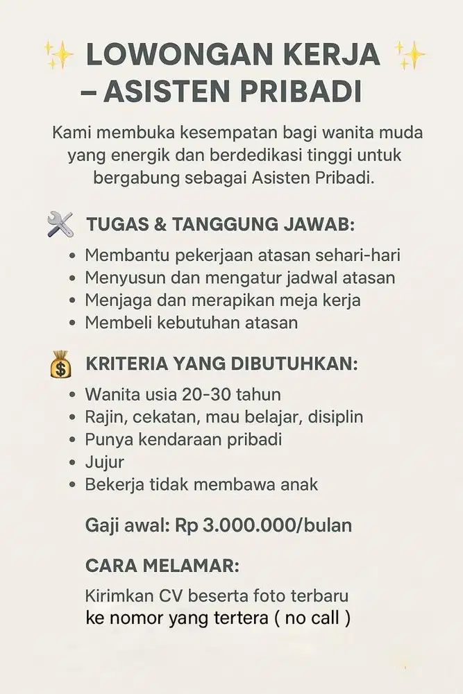 Lowongan kerja asisten pribadi / freelance