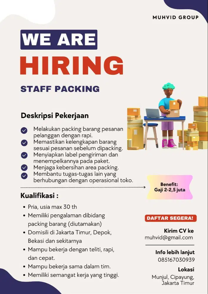 Lowongan Kerja Staff Packing Gudang Online Shop Cipayung - JAKTIM