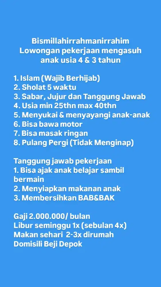 Pengasuh Anak usia 4 & 3 tahun