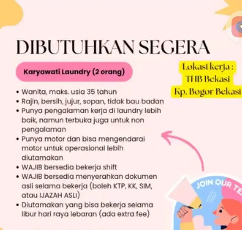 Dibutuhkan Segera! Karyawan Laundry Bekasi  – Gajiq Bulanan + Bonus