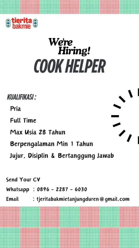 We'Are Hiring COOK HELPER
