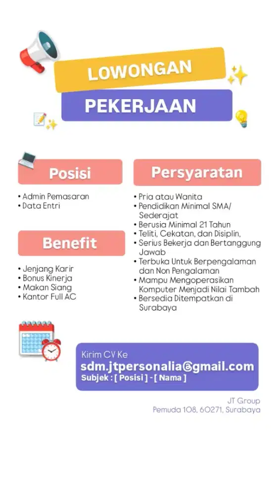 Lowongan Kerja Admin, Data Entri, Supervisor Surabaya