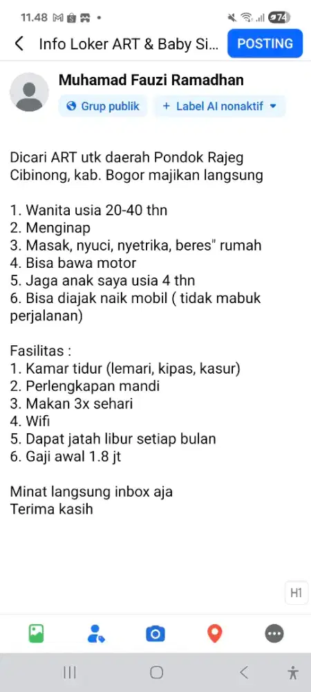 Dicari asisten rumah tangga (art)