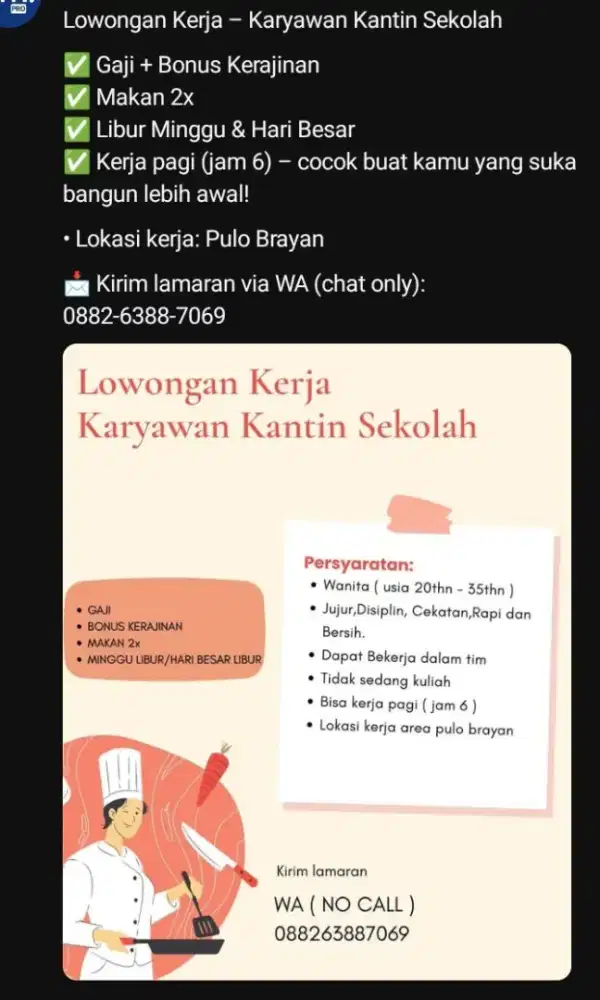 Dibutuhkan segera karyawan kantin sekolah