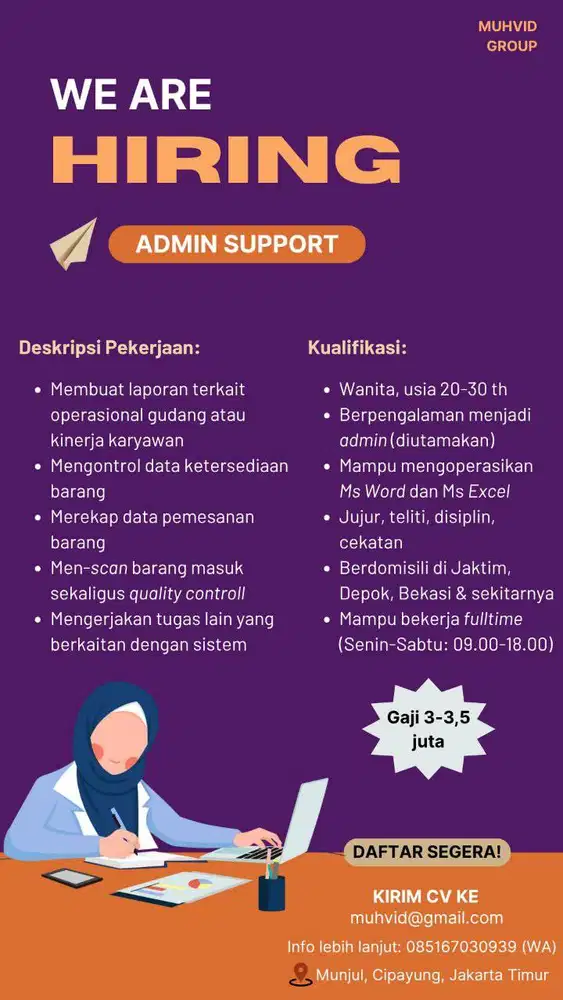 Lowongan Kerja ADMIN SUPPORT untuk Gudang Online Shop Cipayung JAKTIM