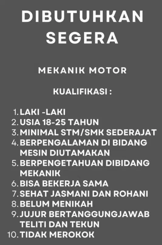 Loker Mekanik Sepeda Motor Roda 2