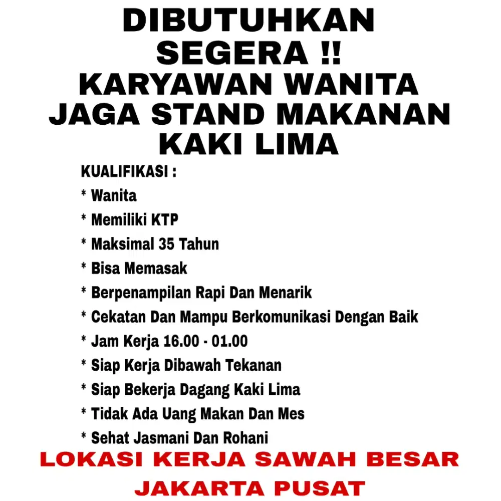 Lowongan kerja jaga stand makanan kaki lima