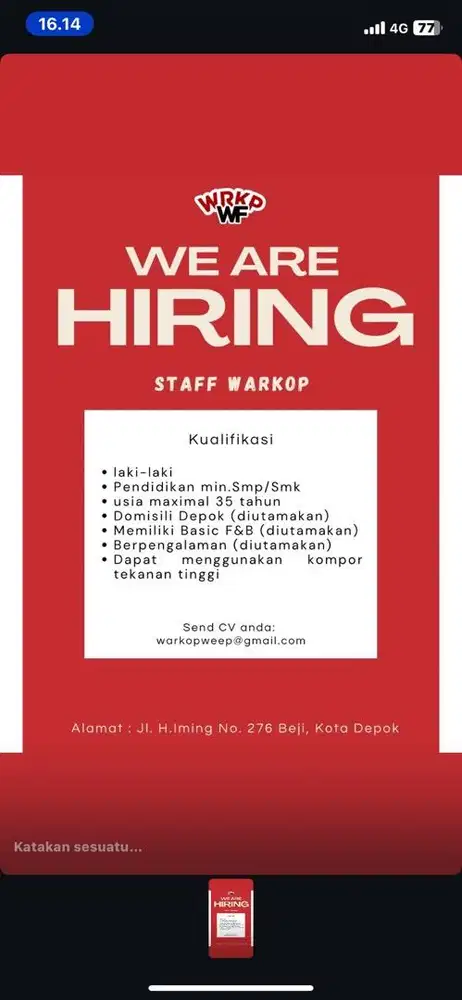 WE ARE HIRING STAFF WARKOP