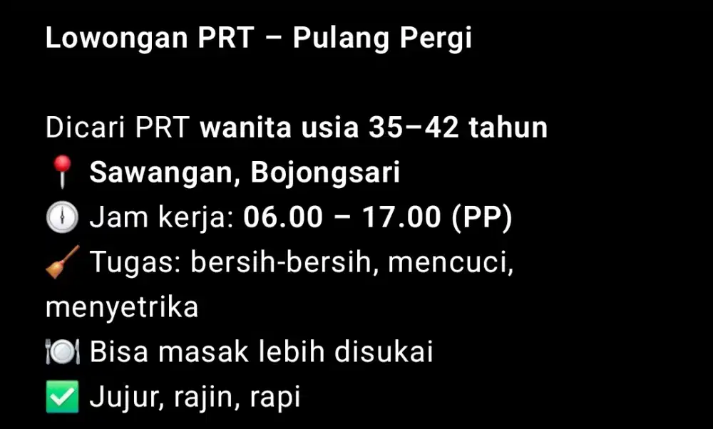 Lowongan Pembantu Rumah Tangga Sawangan BojongSari