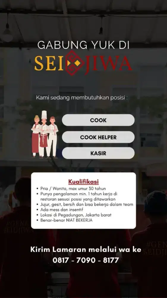 Lowongan kerja, cook helper (helper) resto halal daerah jakarta barat