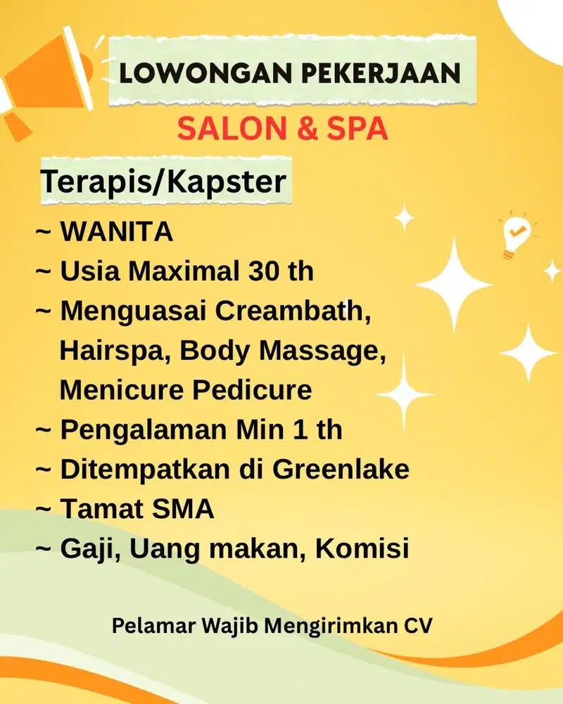 Lowongan Salon utk Kapster/Terapis