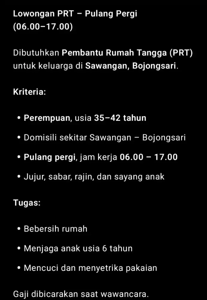 Lowongan Pembantu Rumah Tangga Sawangan Bojongsari