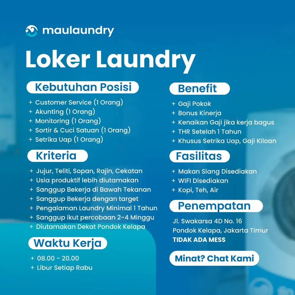 Lowongan Kerja (Loker) Laundry - CS, Cuci, Gosok, dll - Pondok Kelapa