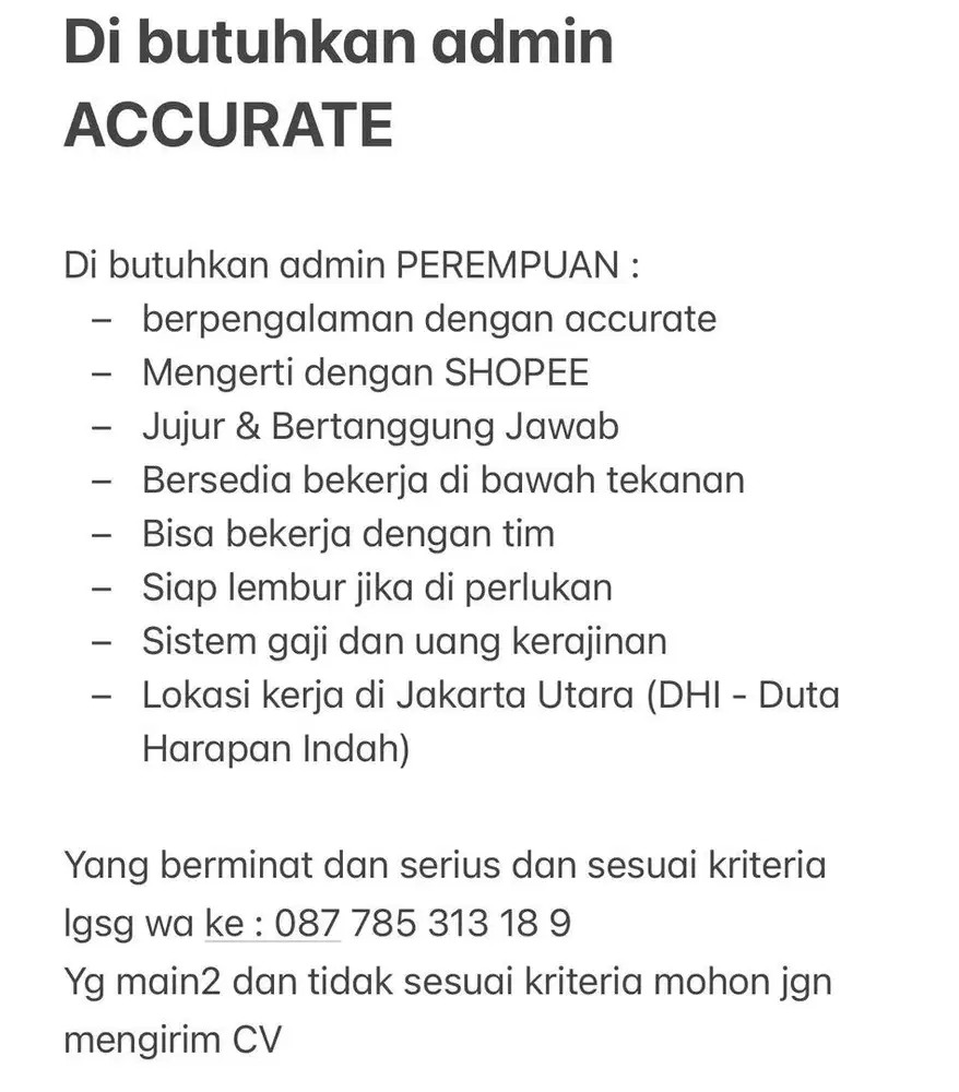 Di butuhkan admin accurate