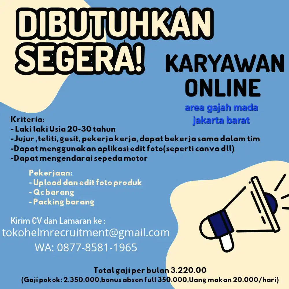 Karyawan laki laki untuk area hayam wuruk gajah mada jakarta barat