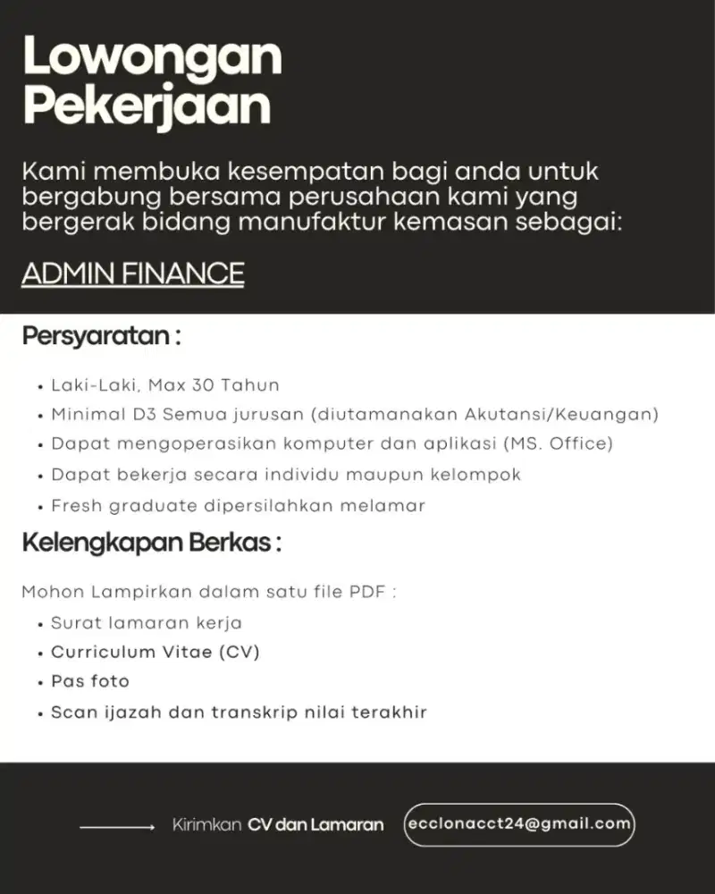 Lowongan Admin Finance – Perusahaan Manufaktur Kemasan (Surabaya)