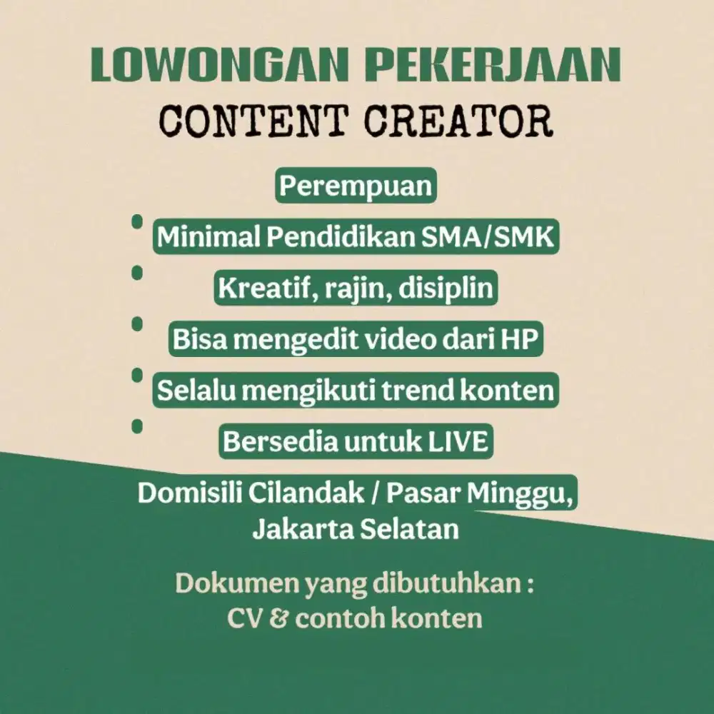 Lowongan Pekerjaan Marketing / Content Creator / Social Media