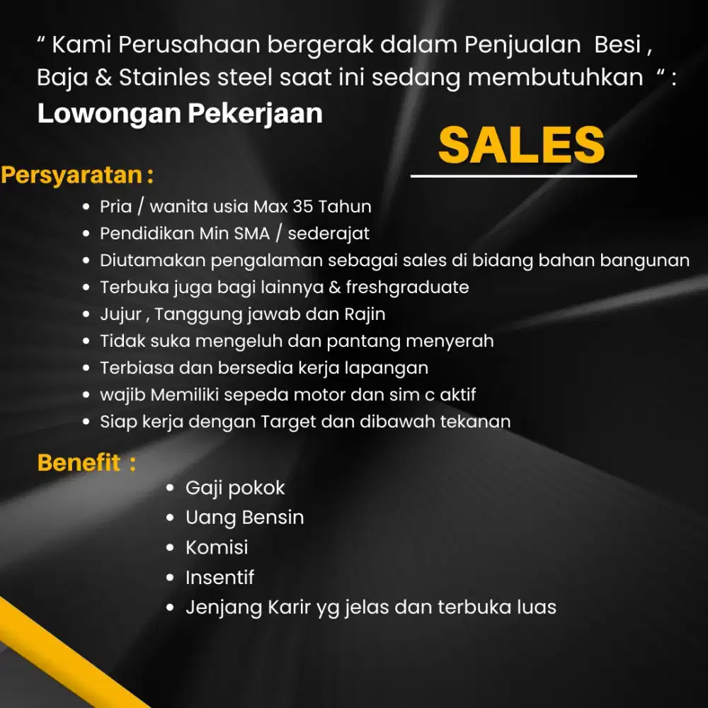 Dibutuhkan Sales product Bahan Bangunan