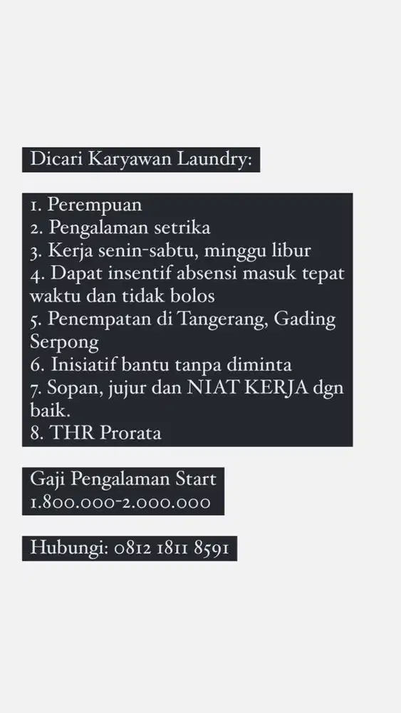 DICARI STAFF SETRIKA PART TIME GAJI MINGGUAN