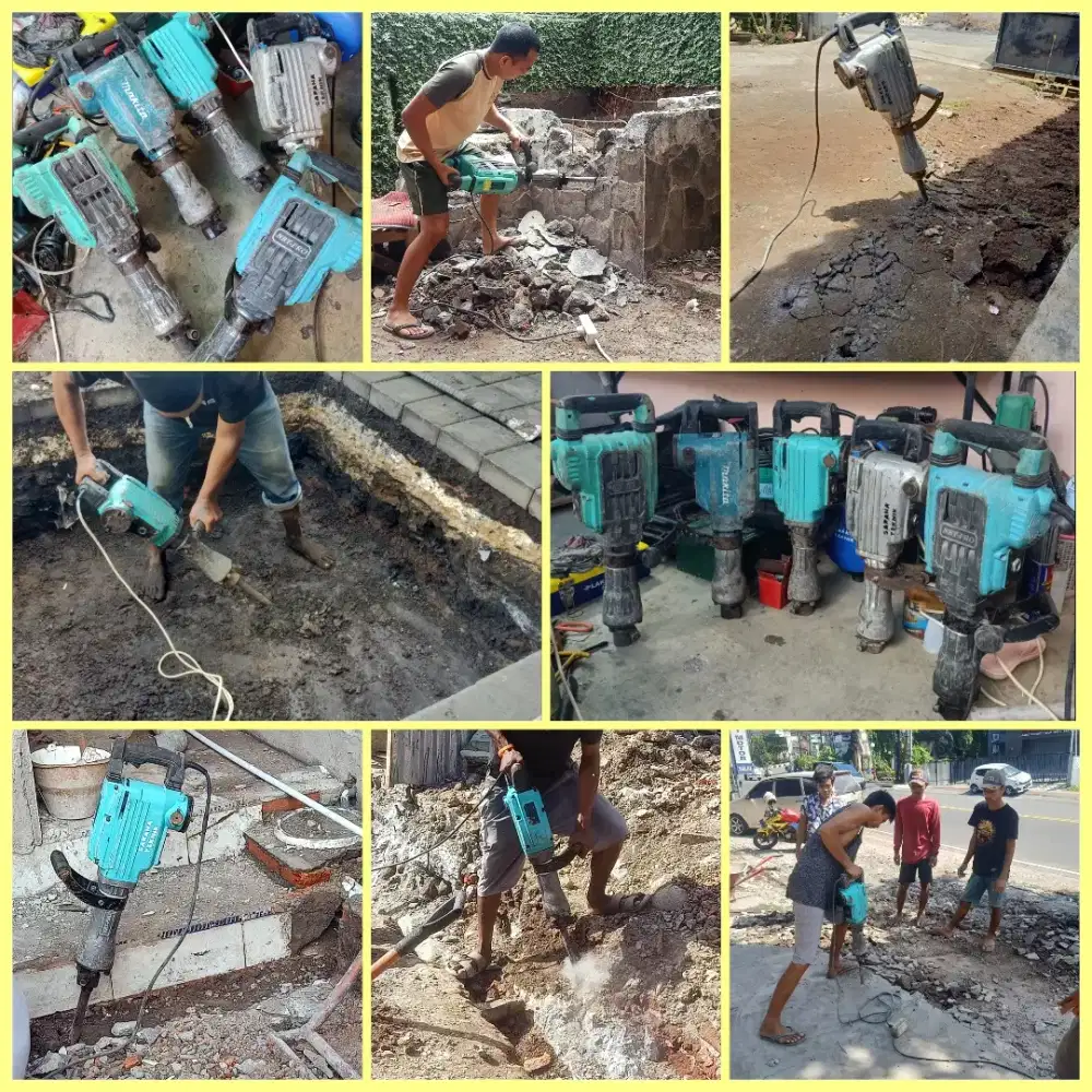 sewa. Jack hammer/dril. stamper. Vibrator. Coring. Pompa air. genset